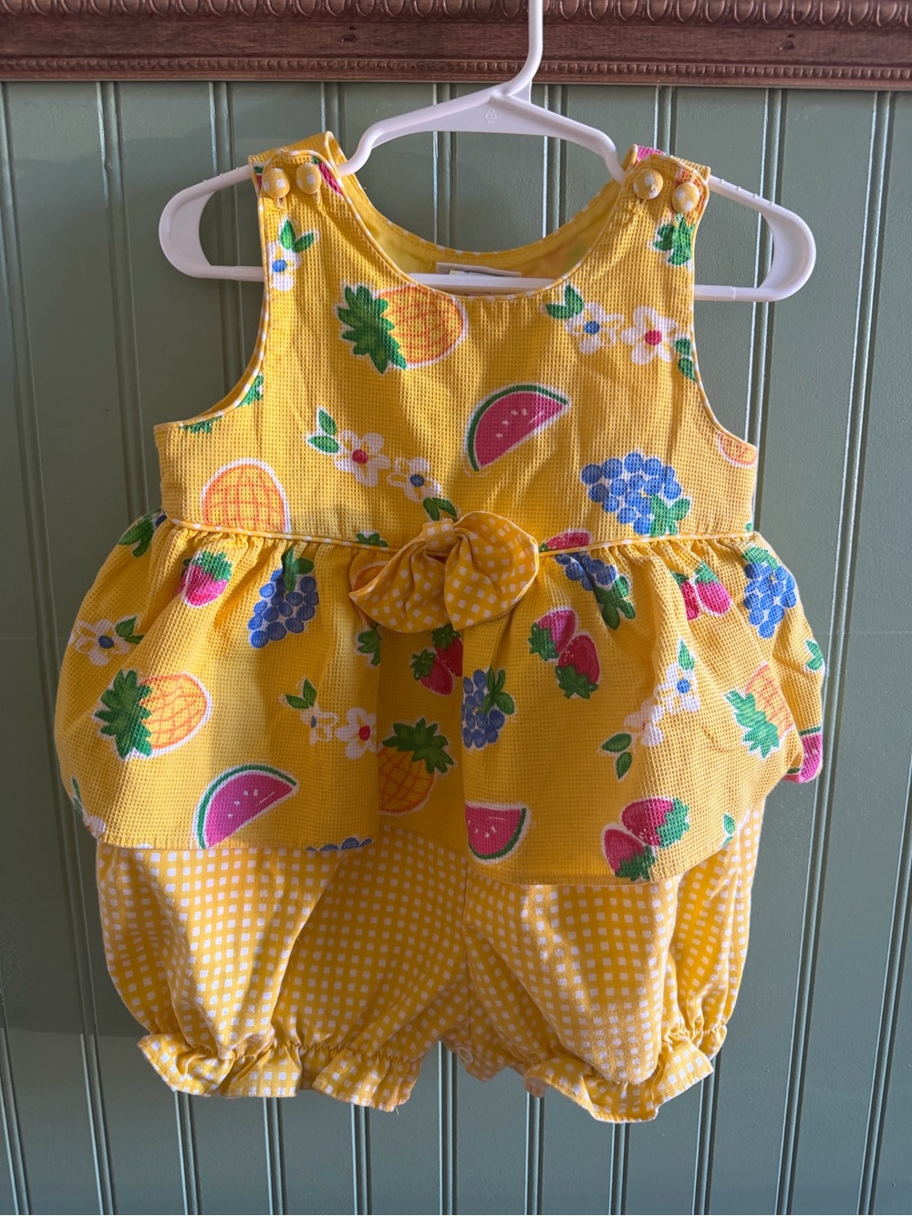 B.T. Kids Baby Togs Girls 2T Yellow Fruit Print Sleeveless Waffle Romper Bow